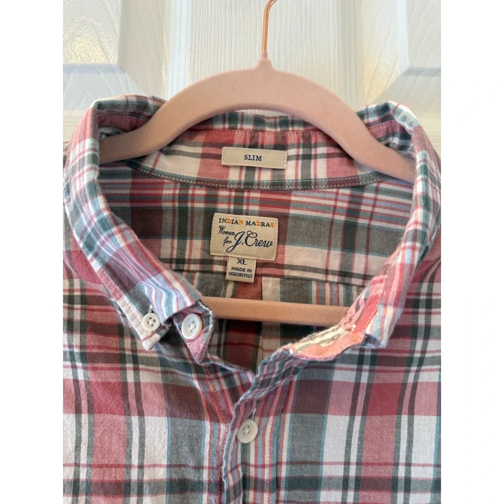 J.Crew Indian Madras Slim‎ Fit Shirt XL Plaid Red Gray Blue 100% Cotton Preppy